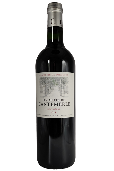 Wine bottle labeled 'Les Allèes de Cantemerle' on a white background
