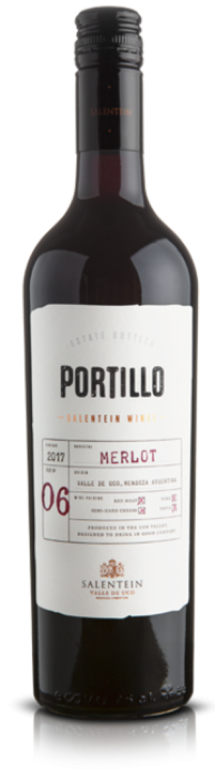 Portillo Merlot wine bottle with a white label on a black background