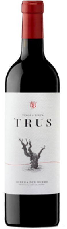 Red wine bottle labeled 'Trus' on a white background