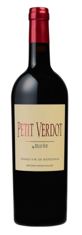 Bottle of Petit Verdot wine with a red cap on a white background