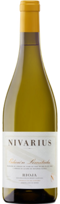 Nivarius Rioja wine bottle with yellow cap and white label