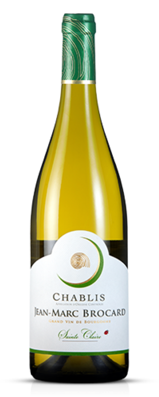Chablis wine bottle with green cap and label on a white background