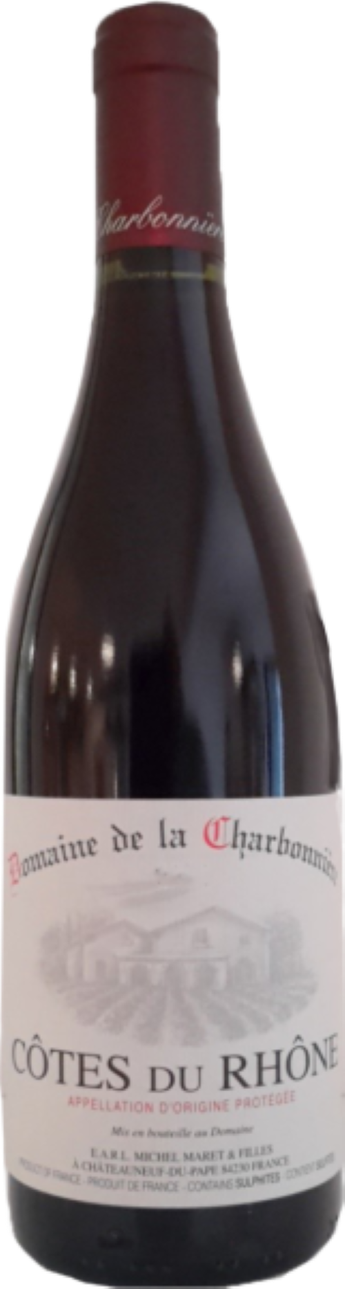 Red wine bottle with a label on a white background